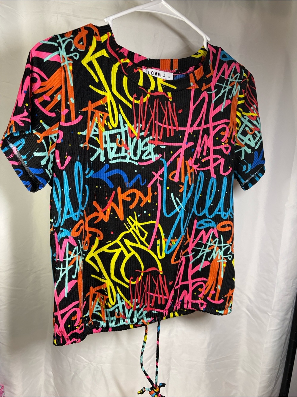 love J Black Short Sleeve Tee with Neon Graffiti Print